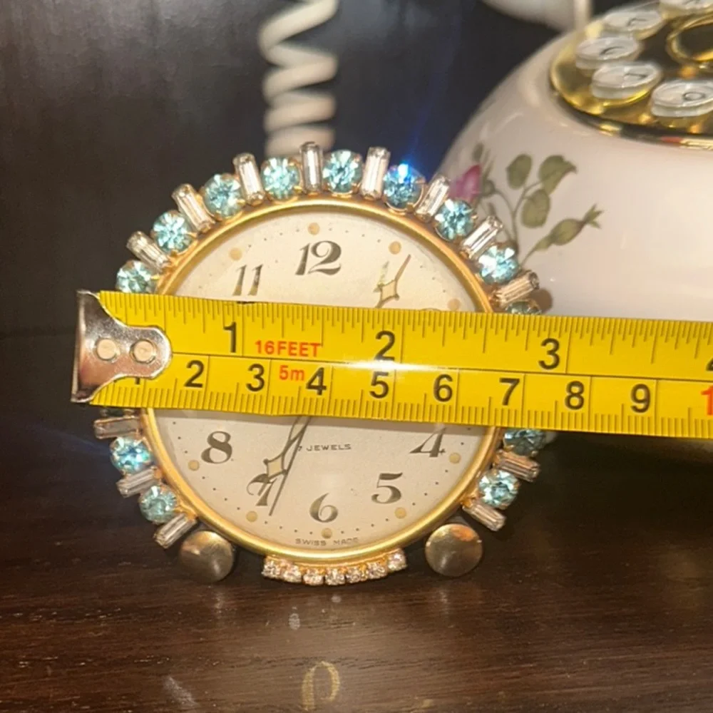 1900's Vintage Semca 7 Jewels Alarm Clock Swiss Aqua Blue & Diamond Rhinestones